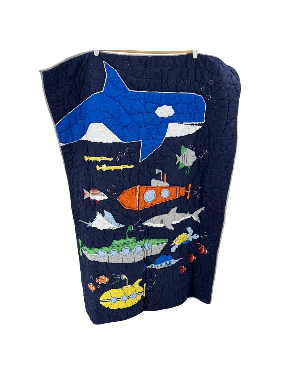 Pottery Barn Kids toddler bed Navy Quilt Submarine Marine shark whale 33x46